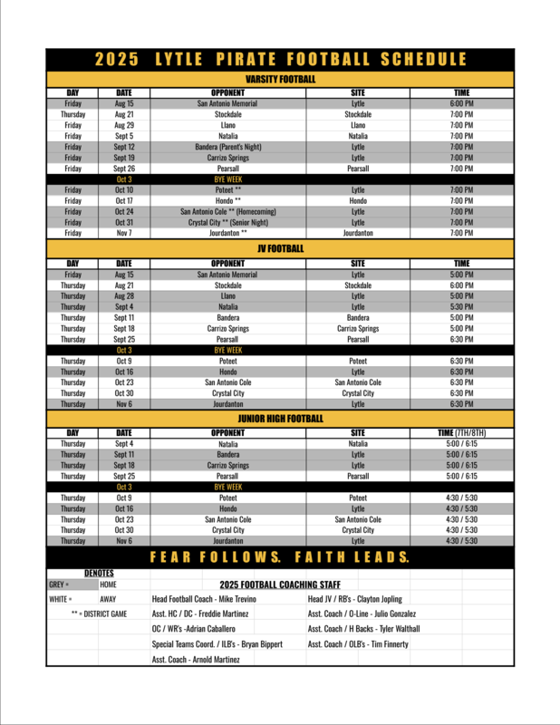 Coach Mike Trevino Invites You to Cheer on the Pirates at our 2025 Season Football Games! image of schedule