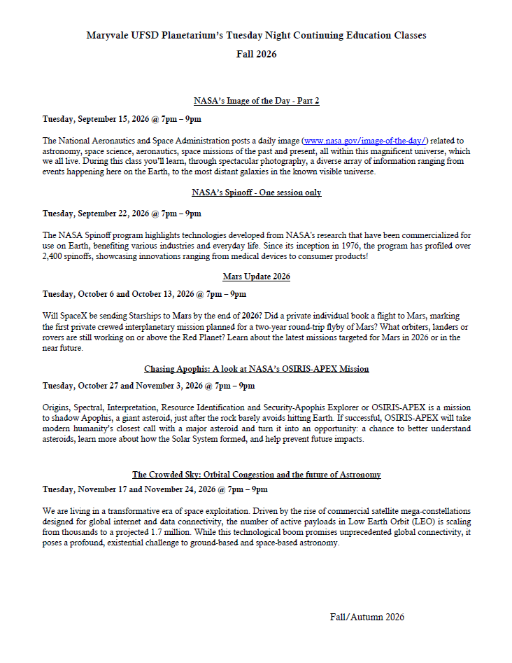 Fall 2026 Tuesday Evening Classes
