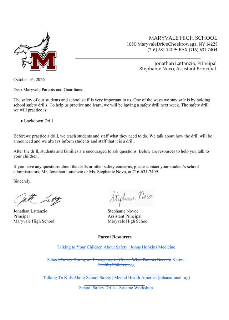 October 16, 2026 Safety Drill Letter