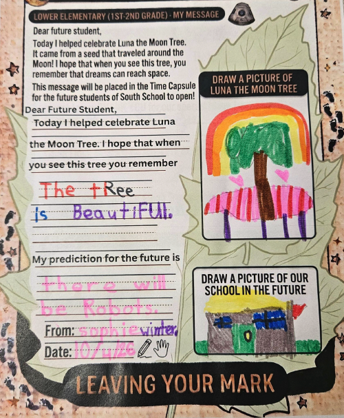 A South School student’s message to their future self, included in the time capsule