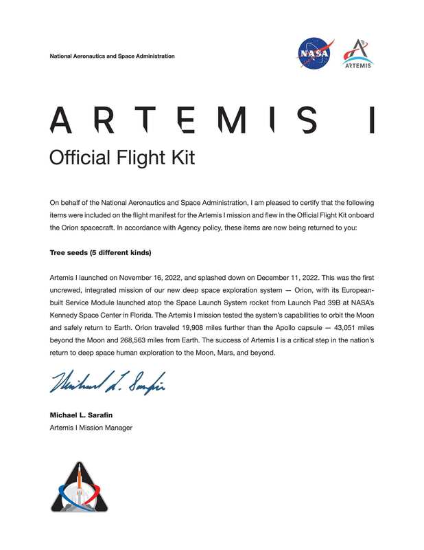 Artemis I Flight Kit Tree Seed Certification