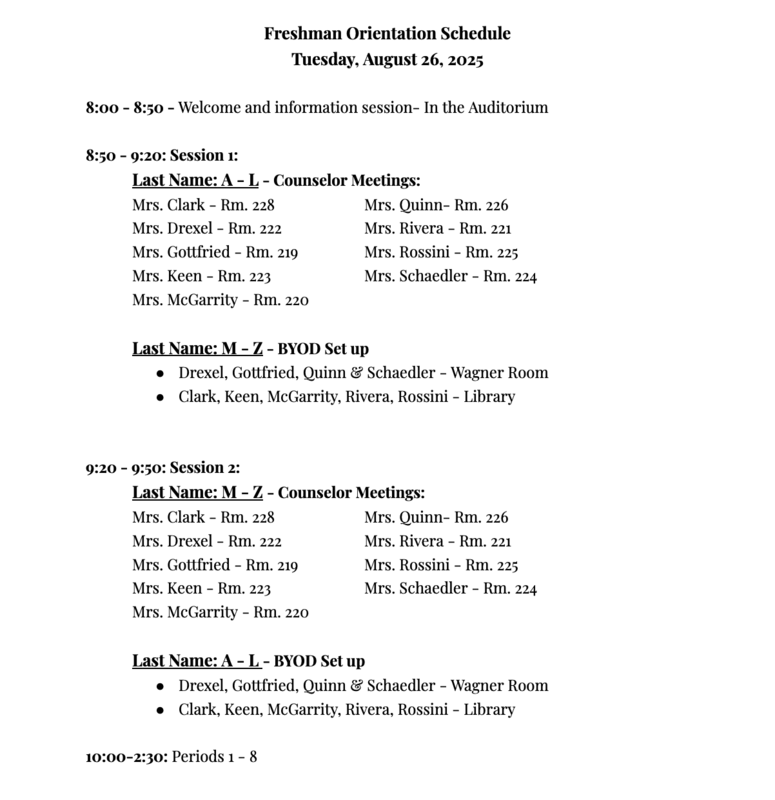 Freshman Orientation Schedule 2025-26