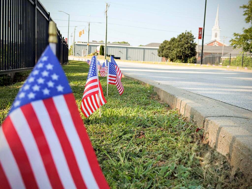 American Flags lining the entrance to Boiling Springs High School