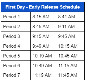 Bell schedule for first day