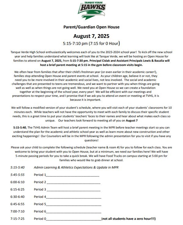 Open House Schedule