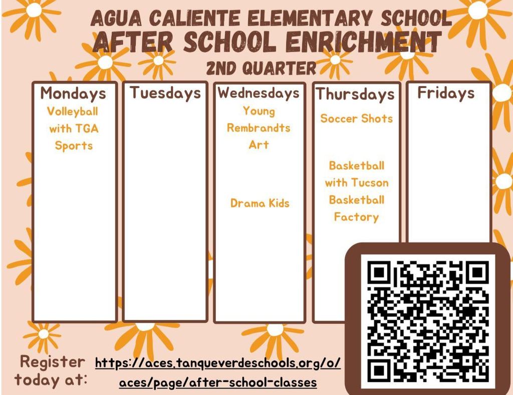 ACES After School Enrichment Classes.  2nd Quarter.  Mondays - Volleyball with TGA Sports.  Wednesday - Young Rembrandts Art and Drama Kids.  Thursdays - Soccer Shots and Basketball with Tucson Basketball Factory