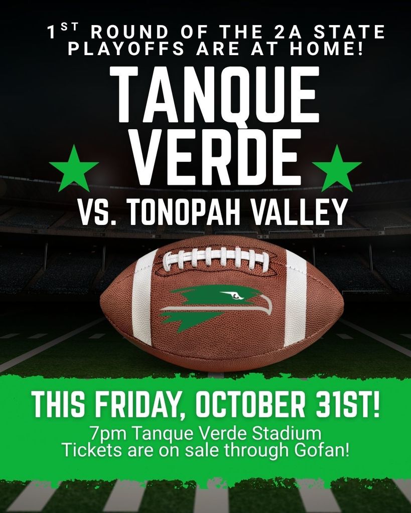 🎉🏈 BIG NEWS, HAWK FOOTBALL FANS 🏈🎉 Our boys are playing in the 1st Round of the State Tournament this Friday, October 31st on our home field — and it’s going to be a spooktacular night of all treats, no tricks! 👻🎃 We’re taking on Tonopah Valley at 7:00 PM AT HOME and we need YOU in the stands bringing the energy, the noise, and the spirit! 💪🔥 🎟️ Tickets are on sale now through GoFan: 👉 https://gofan.co/event/5159934?schoolId=AZ24403 Let’s pack the stands and cheer our team on as they fight to keep the road to the State Championship alive!