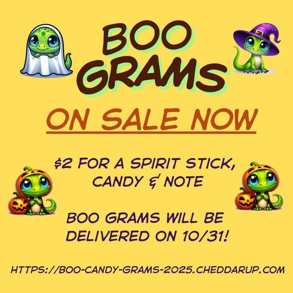 Boo Grams On Sale Now. $2 For a Spirit Stick, Candy, and a note. Boo Grams will be delivered on 10/31 https://boo-=candy-grams-2025.cheddarup.com