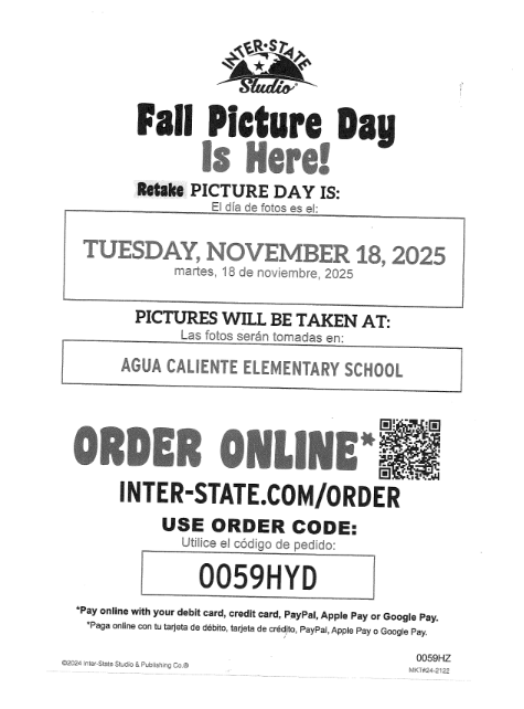 Fall Picture Retakes, Tuesday, November 18, 2025 at ACES. Order online - Inter-State.com/order and use code: 0059HYD