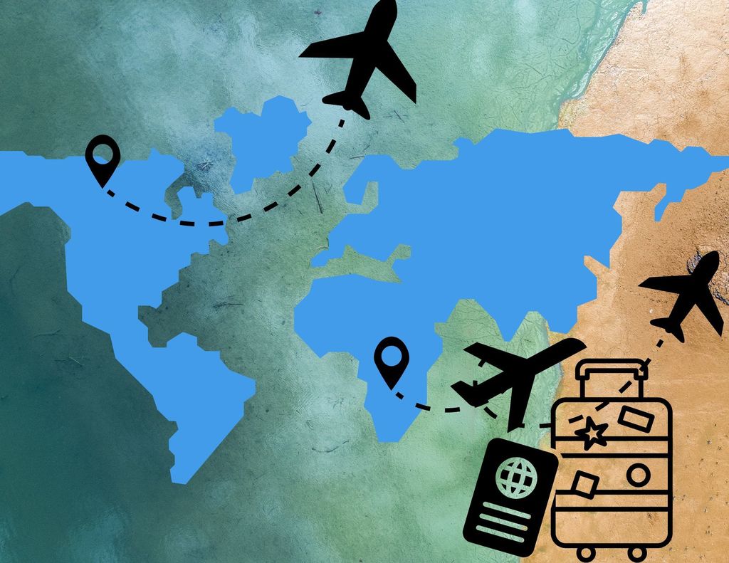 Decorative map with airplanes and luggage