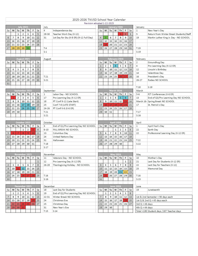 Yearly Calendar with all school dates