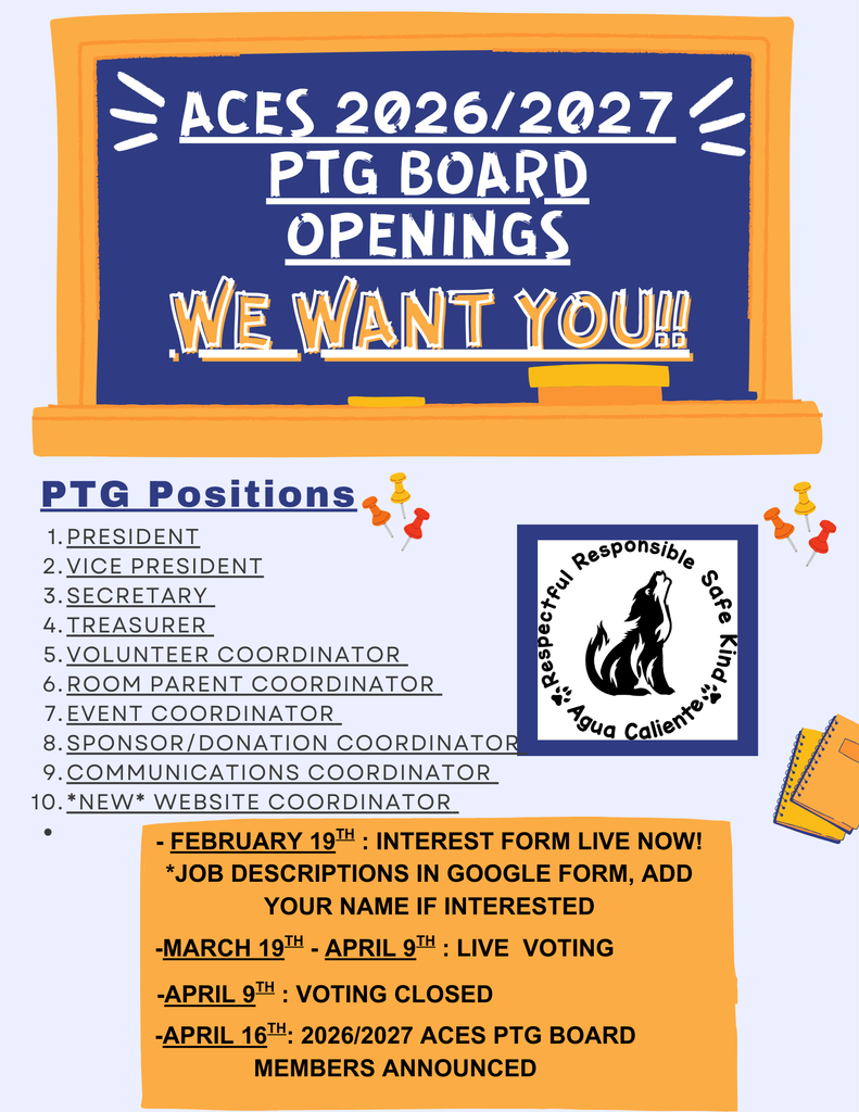 PTG Positions PRESIDENT  VICE PRESIDENT  SECRETARY  TREASURER  VOLUNTEER COORDINATOR  ROOM PARENT COORDINATOR  EVENT COORDINATOR  SPONSOR/DONATION COORDINATOR  COMMUNICATIONS COORDINATOR  *NEW* WEBSITE COORDINATOR  Important Dates & Details FEBRUARY 19th: INTEREST FORM LIVE NOW!  JOB DESCRIPTIONS IN GOOGLE FORM, ADD YOUR NAME IF INTERESTED  MARCH 19th – APRIL 9th: LIVE VOTING  APRIL 9th: VOTING CLOSED  APRIL 16th: 2026/2027 ACES PTG BOARD MEMBERS ANNOUNCED