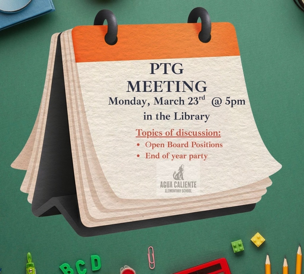 PTG Meeting Monday, March 23 @5pm in the Library.  Topics of Discussion:  Open Board Positions and End of Year Party