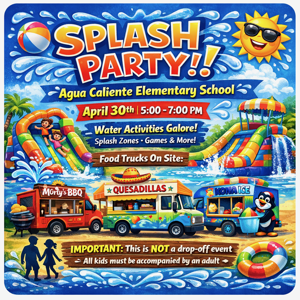 Colorful event flyer for the ACES Splash Party on April 30th from 5-7 PM at Agua Caliente Elementary School. The image features water slides, food trucks (Morty's BBQ, Quesadillas, Kona Ice), and a reminder that all children must be accompanied by an adult.