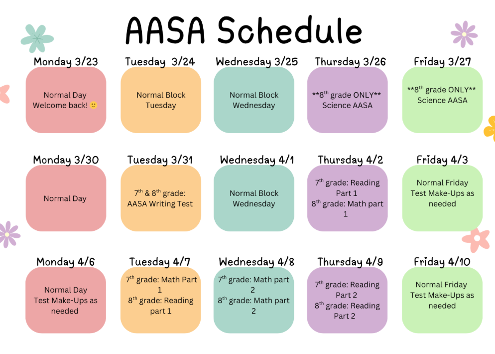 AASA Schedule 8th Grade Science: March 26–27 7th & 8th Grade Writing: March 31 Reading and Math segments occur April 1–9 (staggered by grade and part) Fridays are reserved for make-ups