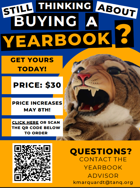 A poster advertises a yearbook, featuring a lion mascot, ordering instructions, and a QR code. The text reads, "Thinking About Buying a Yearbook?" and "Price: $30."