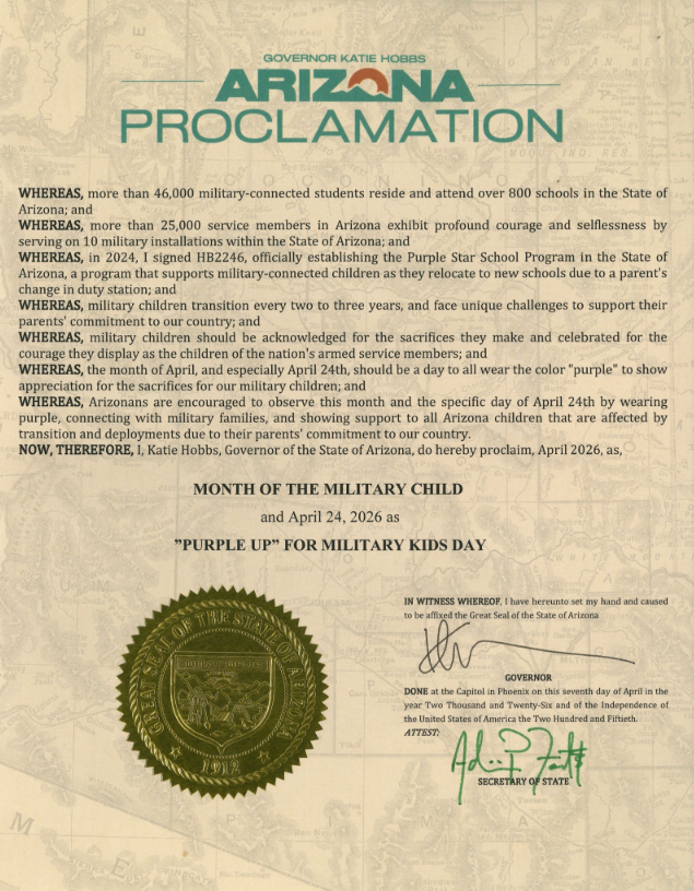 Proclamation document titled "Arizona Proclamation" dated April 24, 2024, by Governor Katie Hobbs, declaring April 24 as "Purple Up" for Military Kids Day.