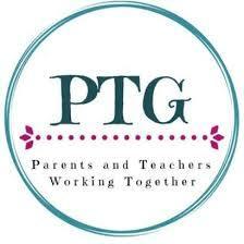 A circular logo with a teal border. Inside, "PTG" in dark green, surrounded by pink dots. Below, "Parents and Teachers Working Together" in green.
