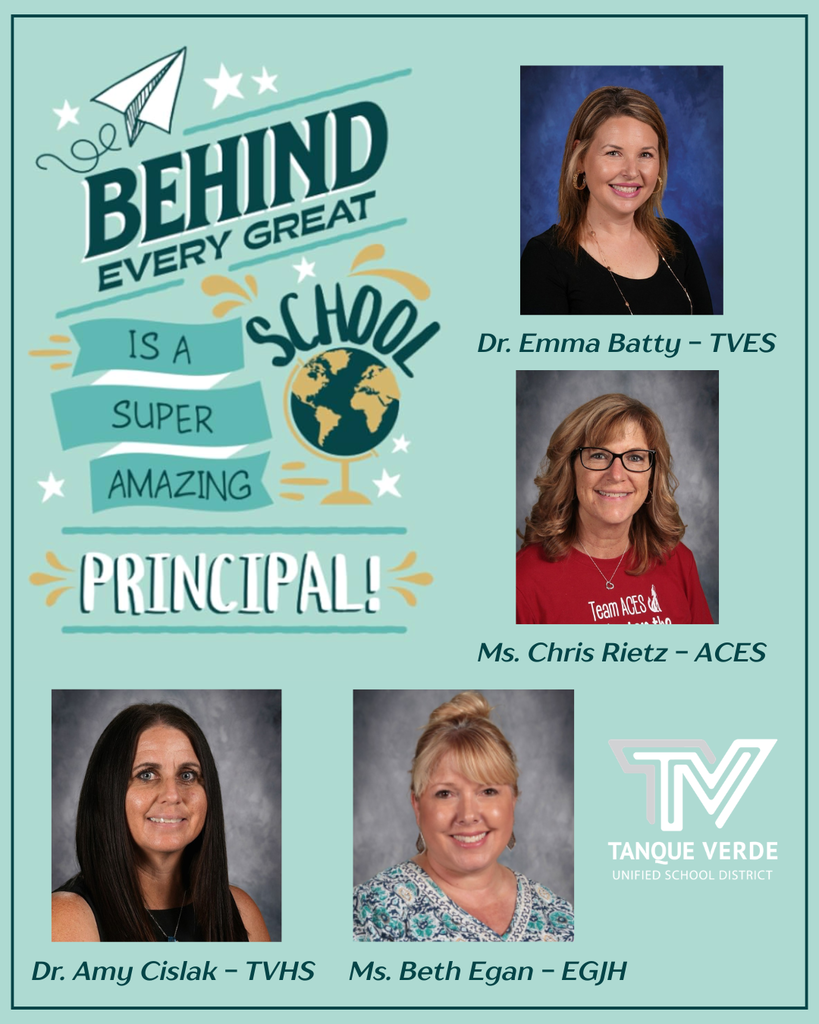 Poster with "Behind Every Great School Is a Super Amazing Principal!" Headline. Four women's pictures and names: Dr. Emma Batty, Ms. Chris Rietz, Dr. Amy Cislak, Ms. Beth Egan.