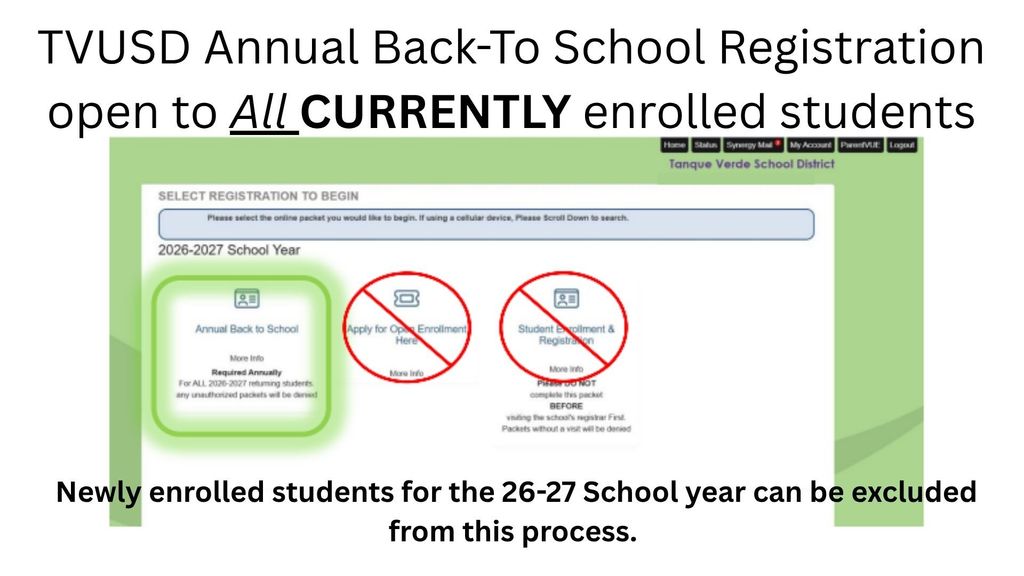Registration webpage for TVUSD annual back-to-school process. Text indicates only currently enrolled students can register.