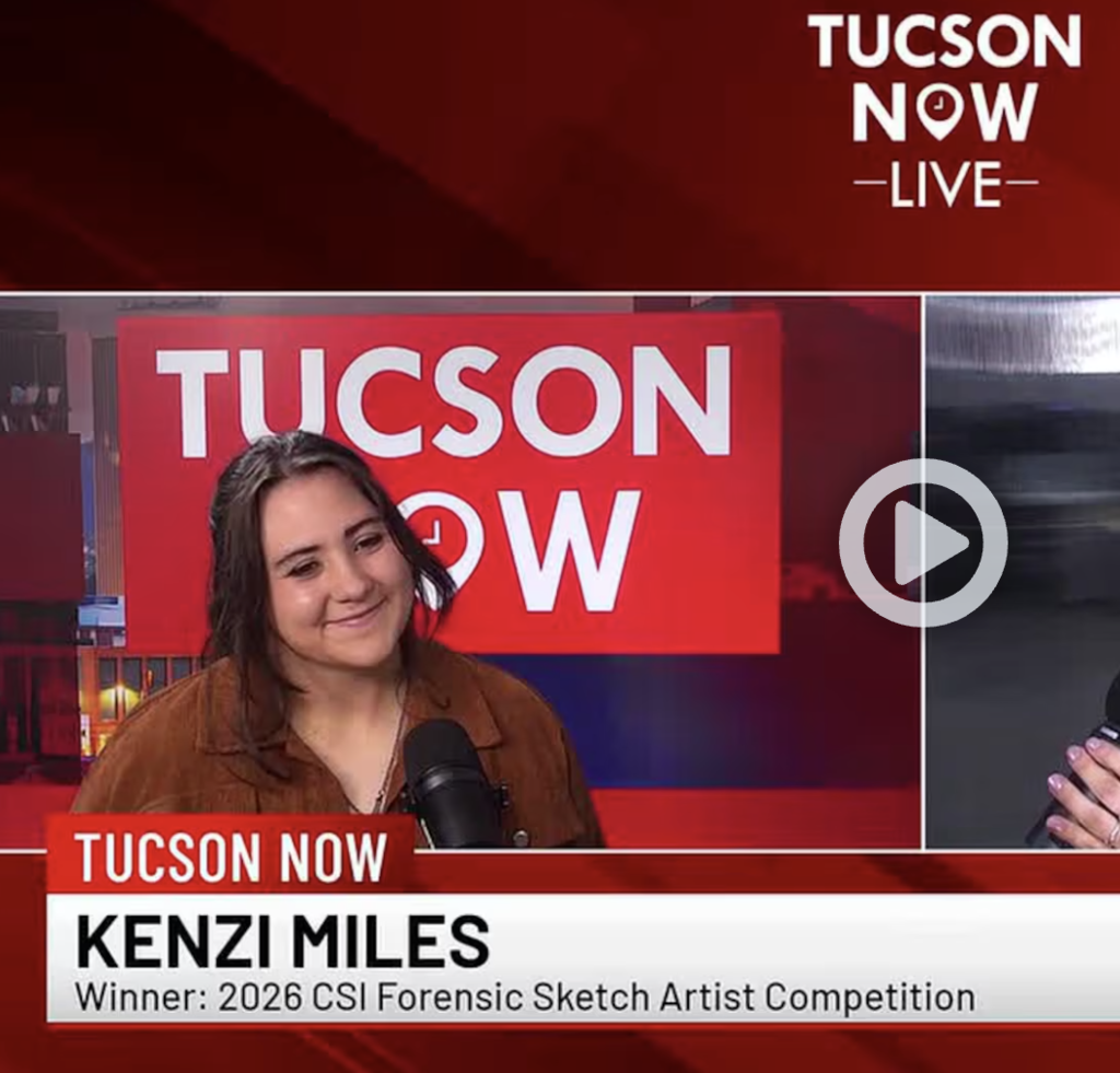 A live news segment with a smiling woman, Kenzi Miles, discussing her win in the 2026 CSI Forensic Sketch Artist Competition.