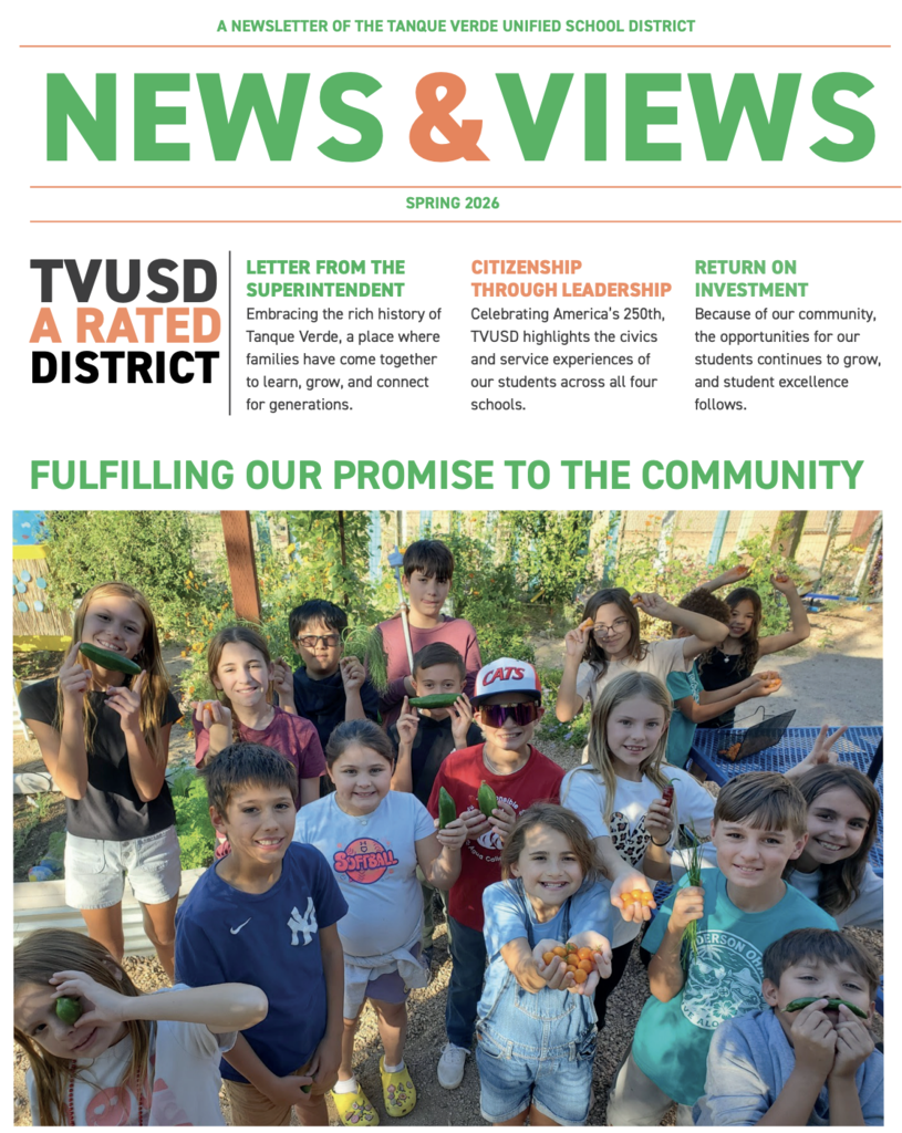 Spring newsletter from Tanque Verde Unified School District features children holding vegetables, text on a green background.