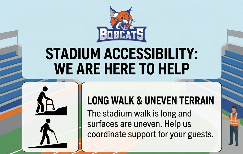 An illustration shows a sports stadium. Text states "Stadium Accessibility: We Are Here to Help". Symbols indicate long walk and uneven terrain.