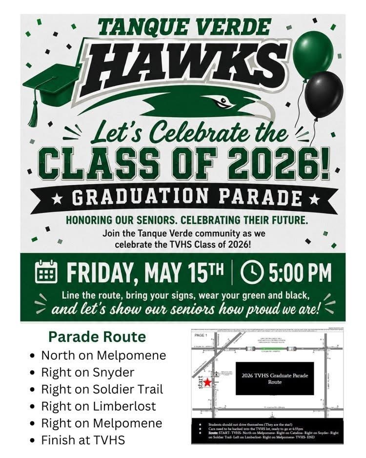 Poster with green and black colors, text, and graphics announces Tanque Verde Hawks graduation parade for 2026.
