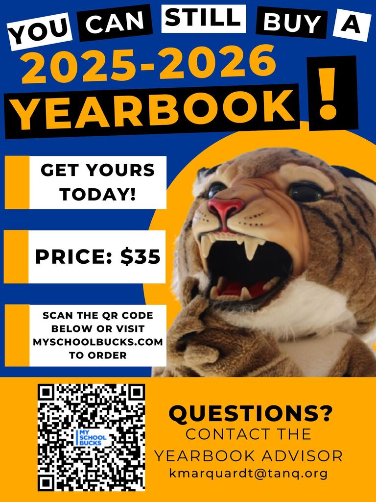Poster advertising a 2025-2026 yearbook for $35. It shows a tiger mascot and includes a QR code for ordering.