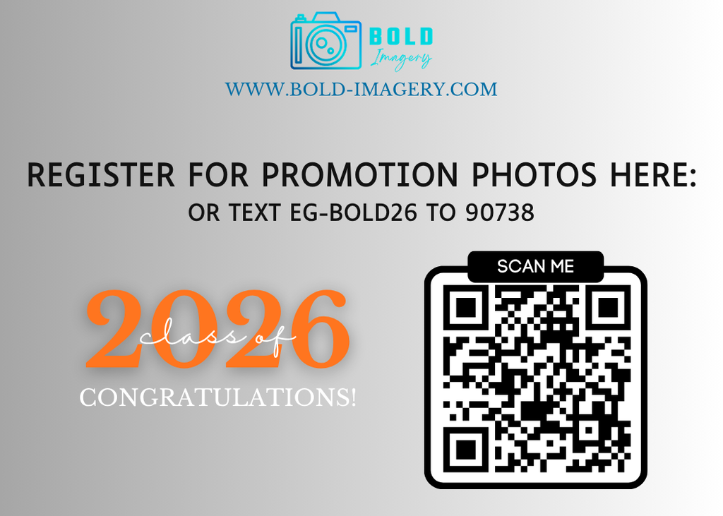 A gray background displays bold blue and orange text, including "REGISTER FOR PROMOTION PHOTOS HERE" and "2026". A QR code is present.