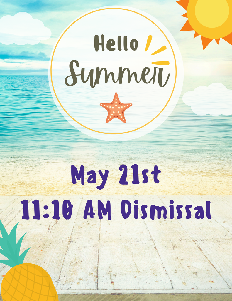 Summer event poster with text "Hello Summer" and starfish. Background includes beach, ocean, sun, and clouds.