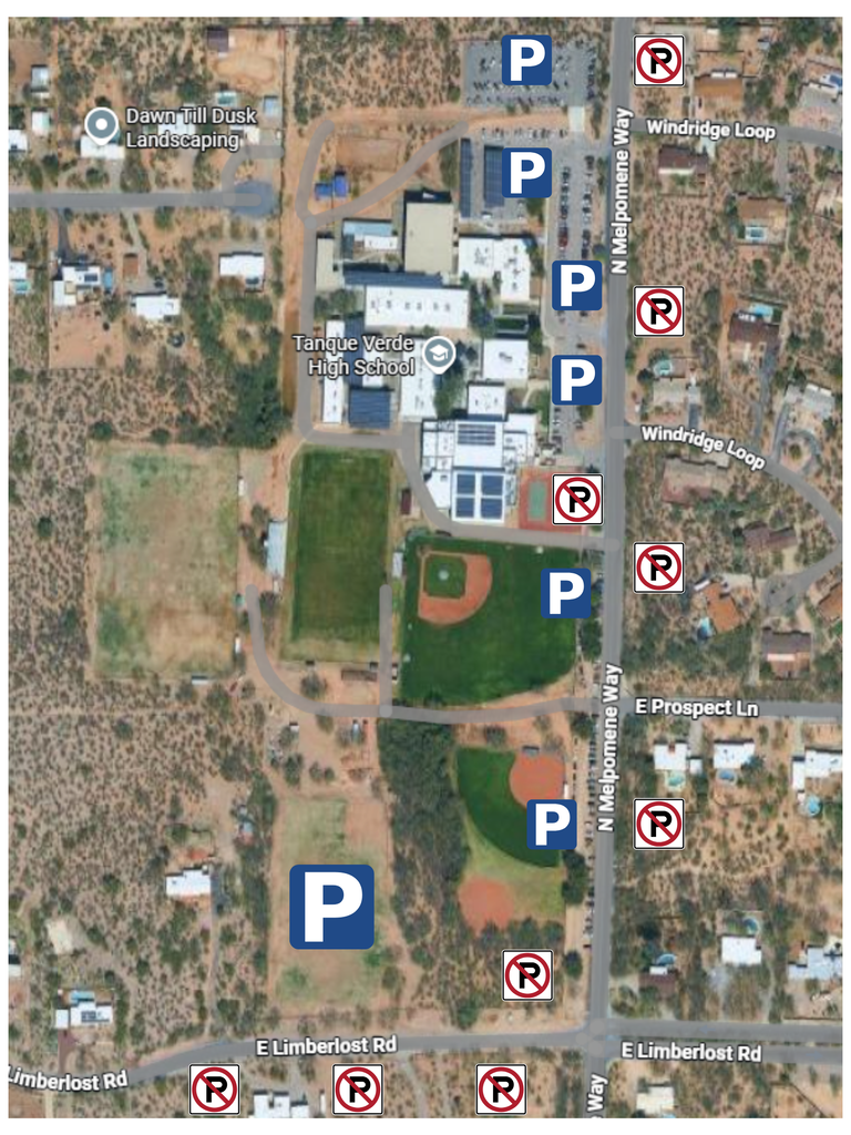 Overhead view of TVHS There are various signs on the map.