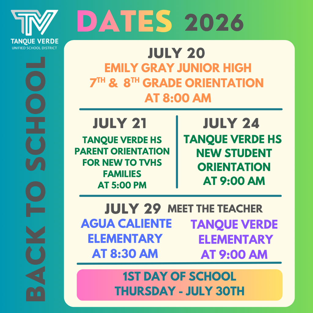 Calendar with school dates for 2026. July 20, orientation for Emily Gray Junior High. July 21, orientation for Tanque Verde HS.