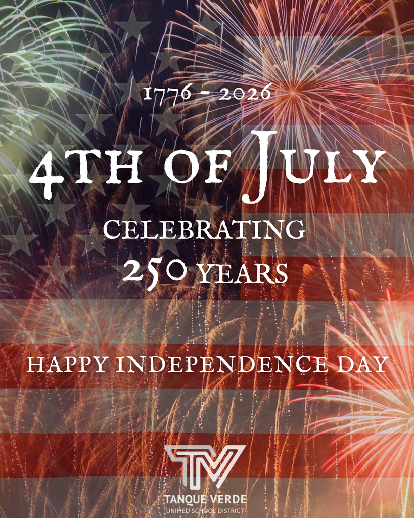 Poster with fireworks and an American flag background. Text reads: "4th of July: Celebrating 250 Years. Happy Independence Day."