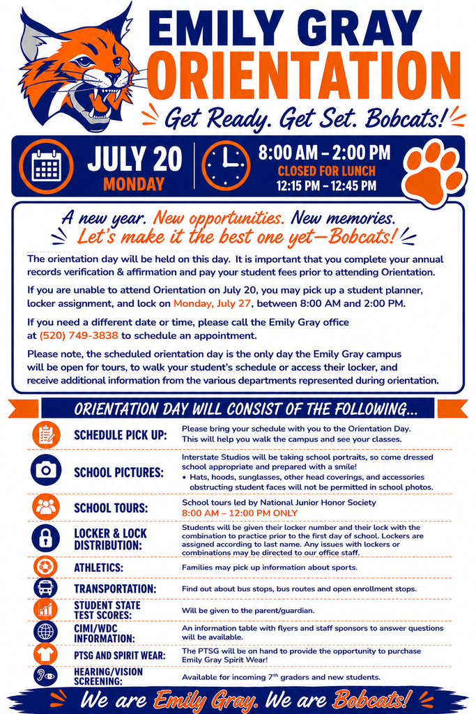 Orientation flyer with blue, white, and black text. Features an orange tiger head and paw print. Details include date, time, and activities for Emily Gray.