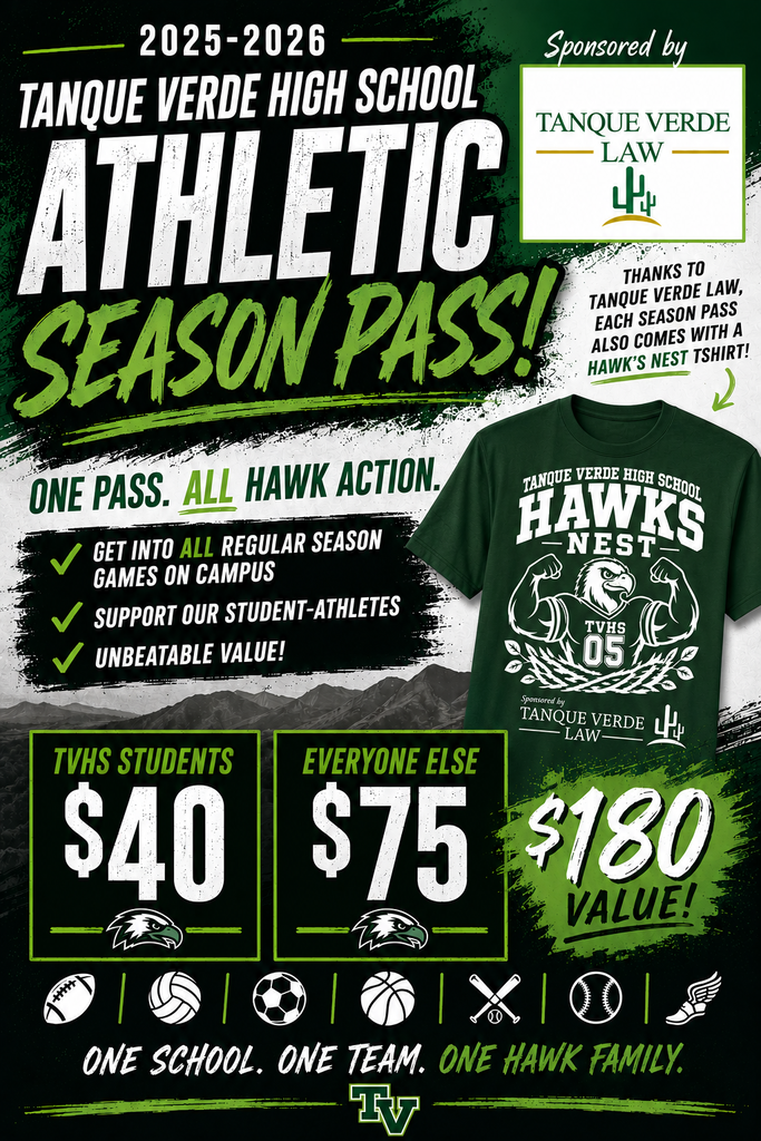 Advertisement for Tanque Verde High School's 2025-2026 athletic season pass, showing prices for students and others.