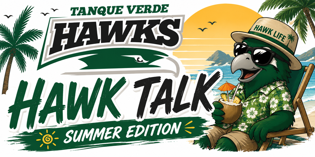 Logo for Hawks Hawk Talk Summer Edition featuring a parrot wearing a hat, sunglasses, and holding a drink.
