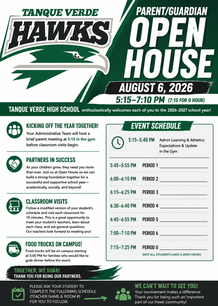A flyer with a green and white color scheme. It displays event details for "Hawks Open House" at Tanque Verde High School.