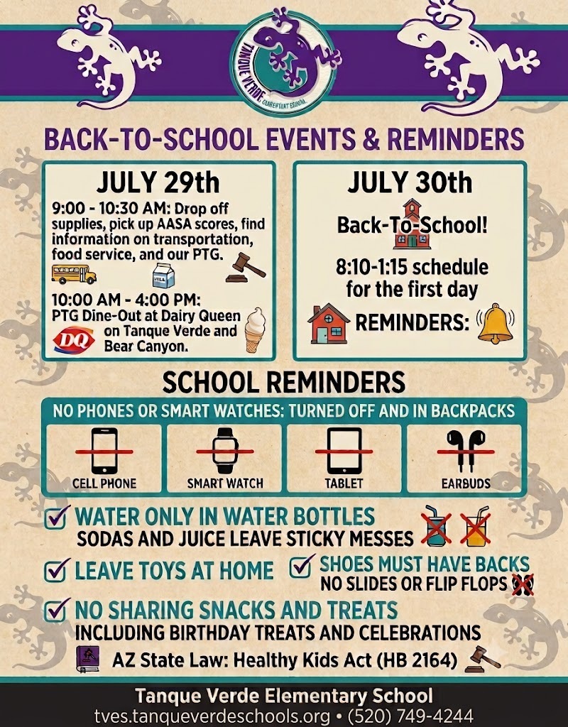 A poster for back-to-school events and reminders, detailing dates, activities, and rules, including no phones, only water in bottles, and no sharing snacks.