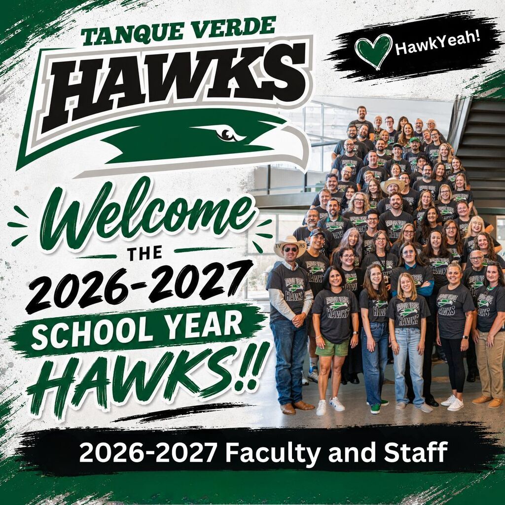 Group photo of faculty and staff in green t-shirts in front of stairs. Green text reads "Welcome the 2026-2027 School Year Hawks!! 2026-2027 Faculty and Staff".