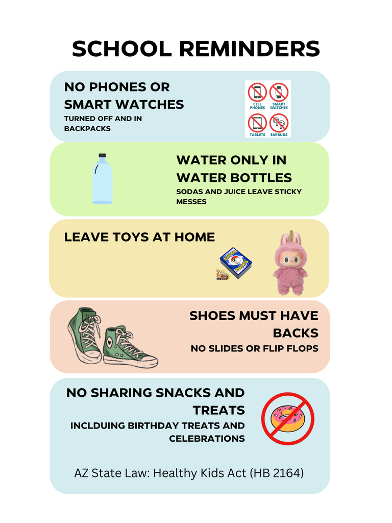 Flyer 2: School Reminders Headline:  SCHOOL REMINDERS  Section 1:  NO PHONES OR SMART WATCHES  TURNED OFF AND IN BACKPACKS  (Icons showing no cell phones, smartwatches, tablets, or earbuds)  Section 2:  WATER ONLY IN WATER BOTTLES  SODAS AND JUICE LEAVE STICKY MESSES  Section 3:  LEAVE TOYS AT HOME  (Illustrations showing trading cards and plush toys)  Section 4:  SHOES MUST HAVE..