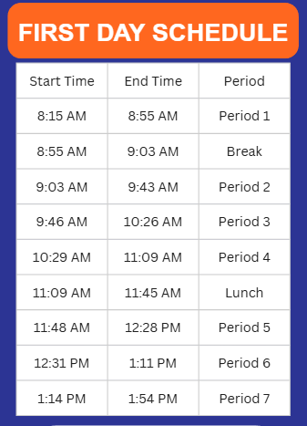 Displayed is a schedule for the first day. It includes eight periods with start and end times, plus a lunch period.