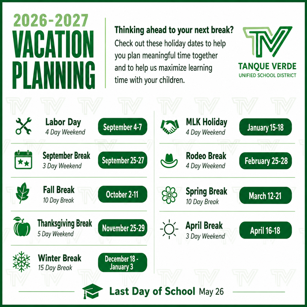 Chart of 2026-2027 school year vacation dates, including Labor Day, Fall Break, Thanksgiving Break, Winter Break, and Spring Break.