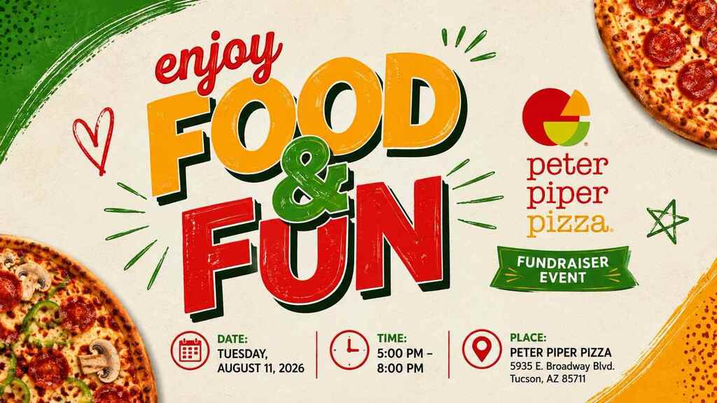 Bright flyer advertising a food and fun event at Peter Piper Pizza. Dates and times are listed.