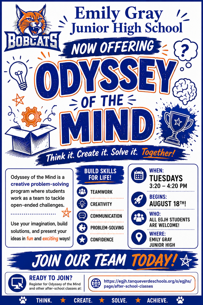 Flyer for Odyssey of the Mind program at Emily Gray Junior High School. Features a blue cat logo, team name, and schedule details.