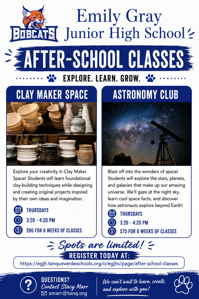 Flyer for Emily Gray Junior High School after-school classes. It features two classes, Clay Maker Space and Astronomy Club.