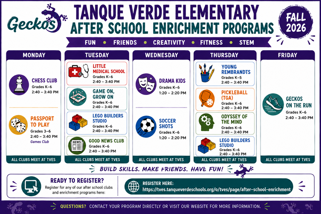 A colorful poster details Tanque Verde Elementary's fall 2026 after-school programs, categorized by days and activities.