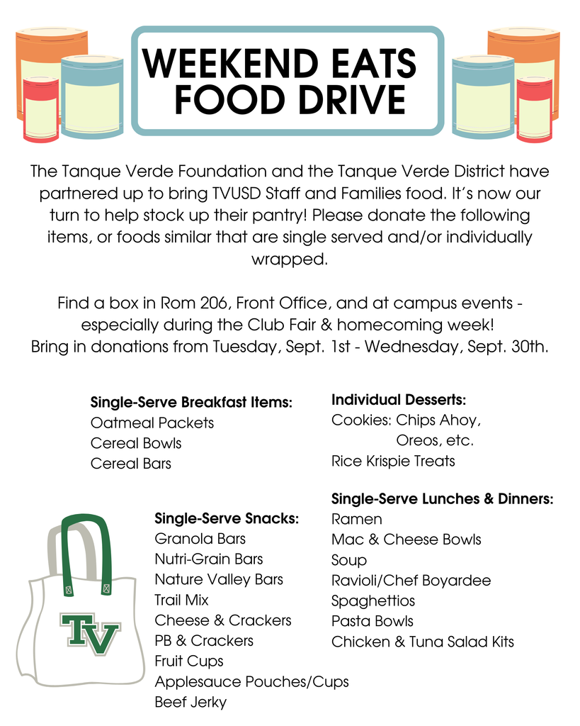 An informational flyer displays items for the Weekend Eats Food Drive. Categories include breakfast, desserts, lunches, snacks, and dinners.