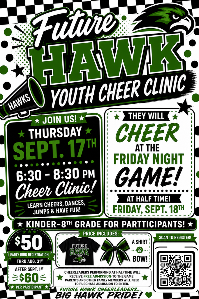 A poster announces the "Future Hawk Youth Cheer Clinic" with details about a cheer clinic on September 17 and participation in the game on September 18.
