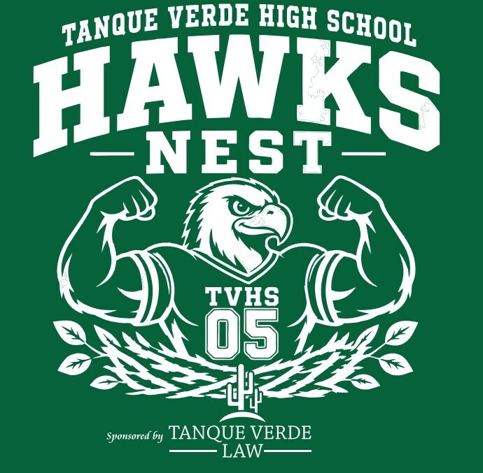 Tanque Verde High School logo with a muscular eagle, TVHS 05, leaves, and a cactus, on a green background.